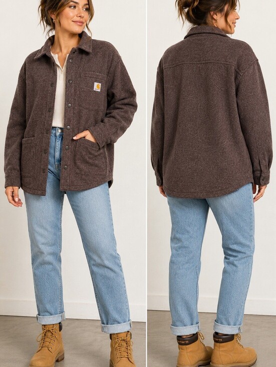 Carhartt Jackets & Blazers - Carhartt Womens Medium Loose Fit Fleece Shacket Jacket Brown Snap Overshirt M